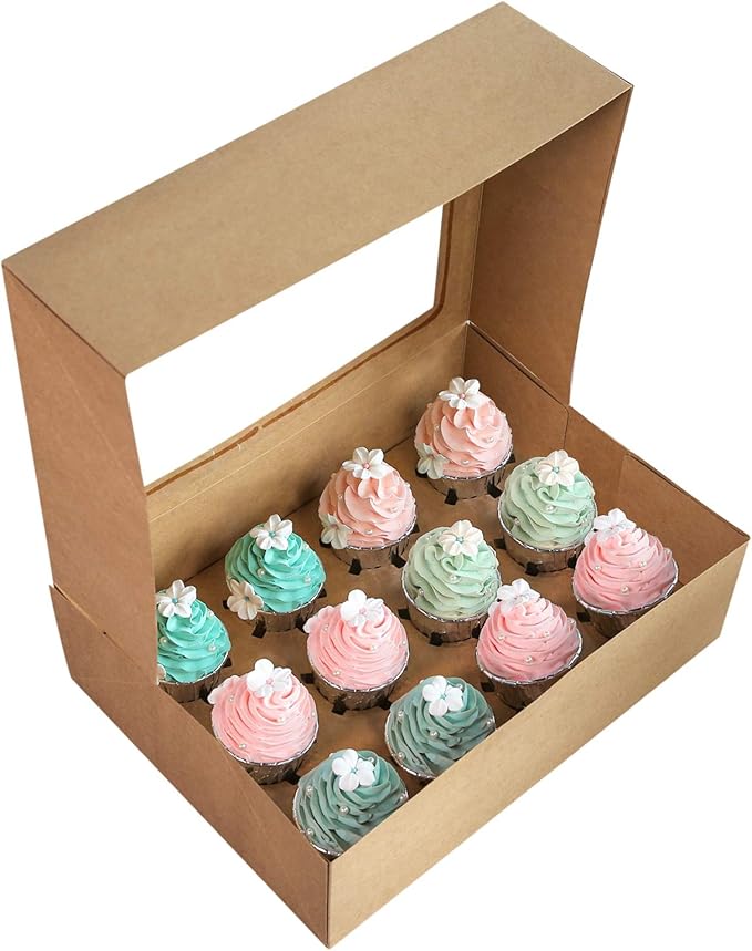 ONE MORE [20-Packs] Brown Cupcake Boxes 12 Holders, Cake Carrier Food Grade Kraft Pop-up Bakery Boxes 13.8 x 9.5 x 4inch with Inserts and PVC Windows Fits 12 Cavity Cupcake or Muffins Pack of 20