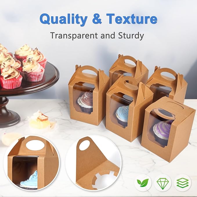 Cupcake Boxes 25 pcs, Individual Cupcake Carrier Brown with Window Insert and Handle Pastry Containers Single Muffins Container for Bakery Wrapping Party Favor Packing