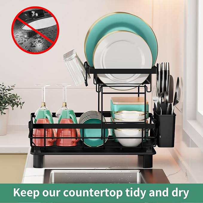 MOUKABAL Dish Drying Rack, 2 Tier Dish Rack, Large Dish Racks for Kitchen Counter, Dish Drainer with Removable Utensil Holder, Drainboard (Black)