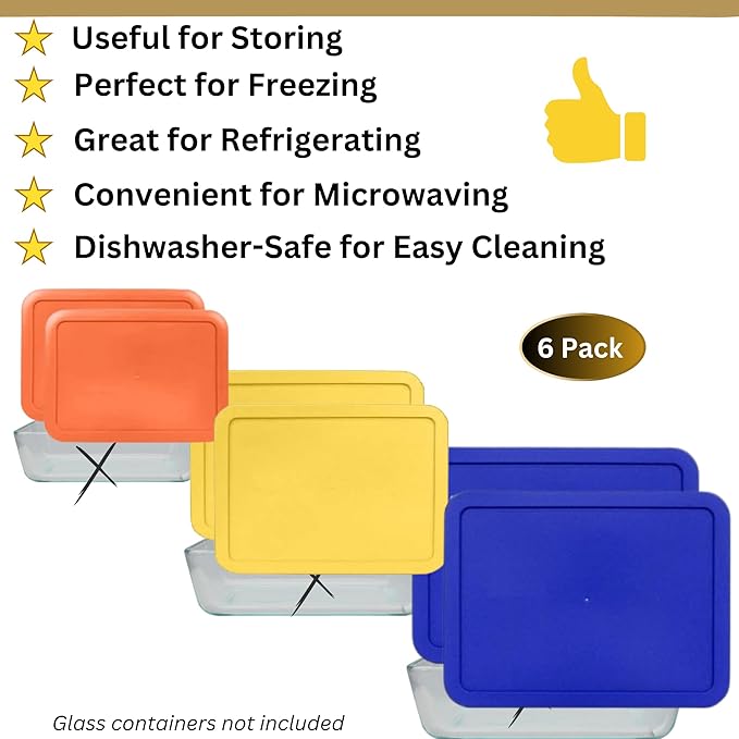 3, 6 & 11 Cup Orange, Yellow, Blue Replacement Lids/Covers for Pyrex, Anchor Hocking & KlareWare Storage Bowls *Lids Only Glass Container Not Included* (6 Pack *Two of Each Size*)