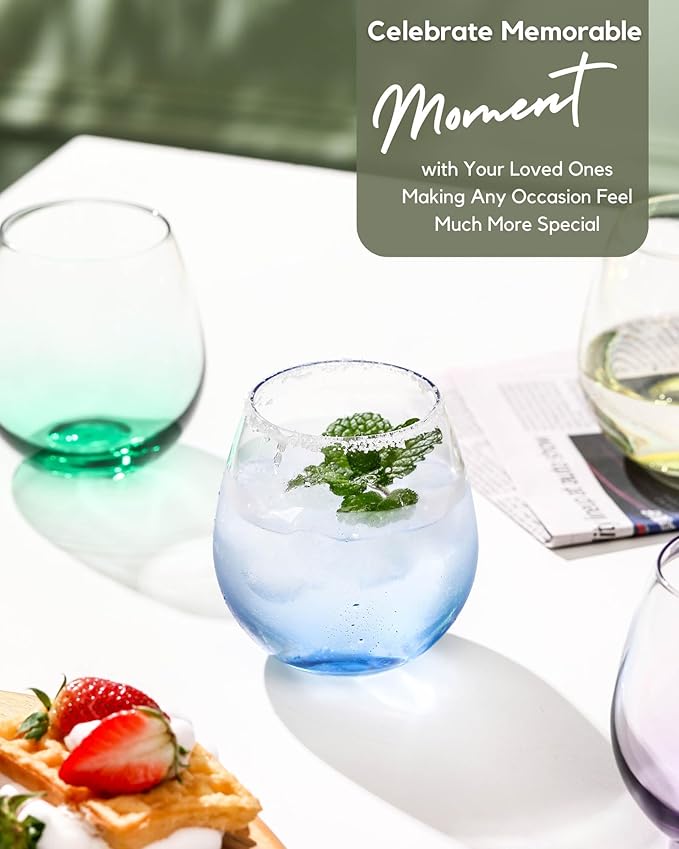 ColoVie Stemless Wine Glasses Set of 6, Large Colored Wine Glasses, Short Wine Glass Set for Red Wine, White, Red, No Stem Margarita Glasses, 15 oz