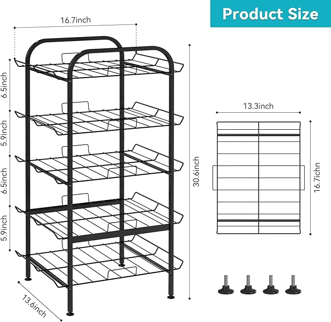 Water Bottle Organizer 5 Tier FreeStanding Water Bottle Storage Shelf Adjustable Water Bottle Holder Stand Metal Beverage Can Rack for Pantry Kitchen Party Black