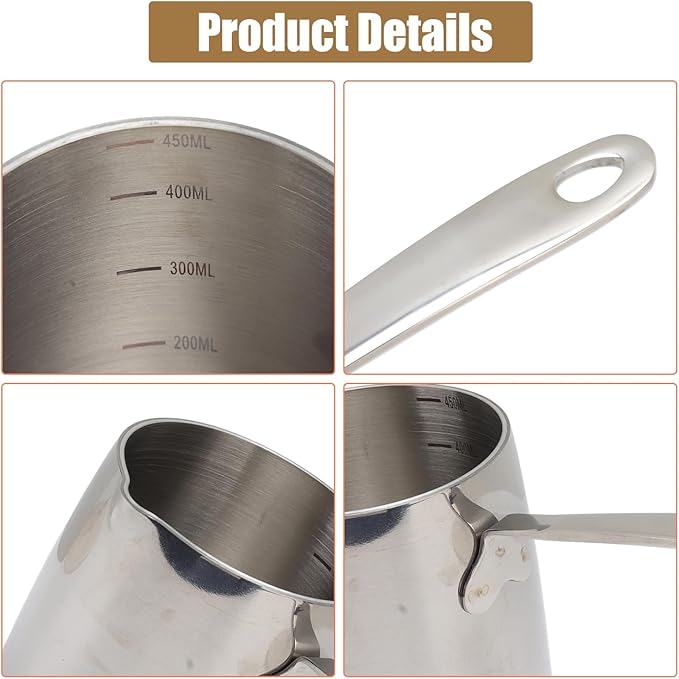 Stainless Steel Butter Warmer Pot with Scale Marks - 450ml/15.2oz Milk Heating Pot for Chocolate, Coffee, Tea - Multi-Layer Melting for Kitchen, Stovetop Safe(450ML)
