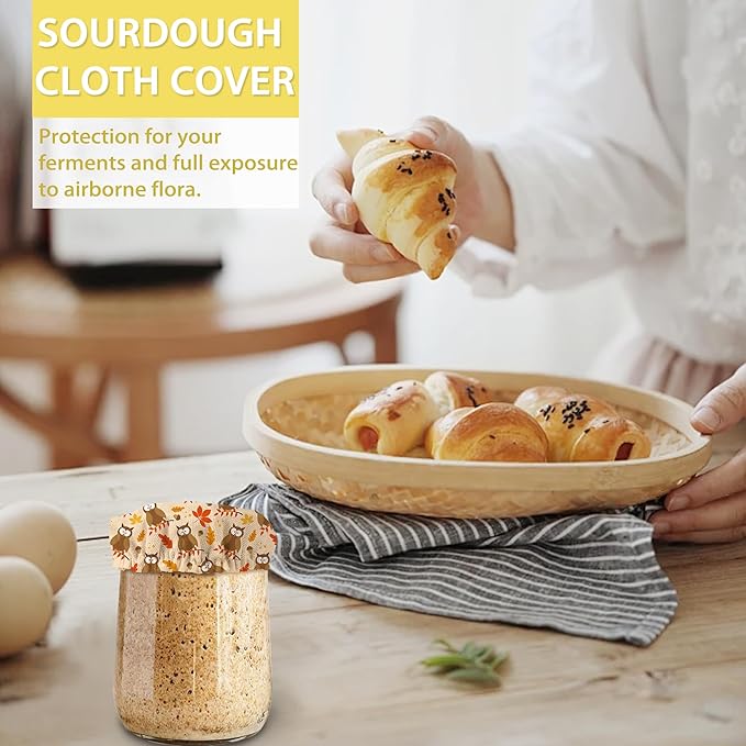 Owl Bird and Leaves Cloth Covers for Sourdough Starter Jar,Reusable Lid Top Cover Bread Fermentation Baking Supplies for 3-4 Inch Jar Mouth