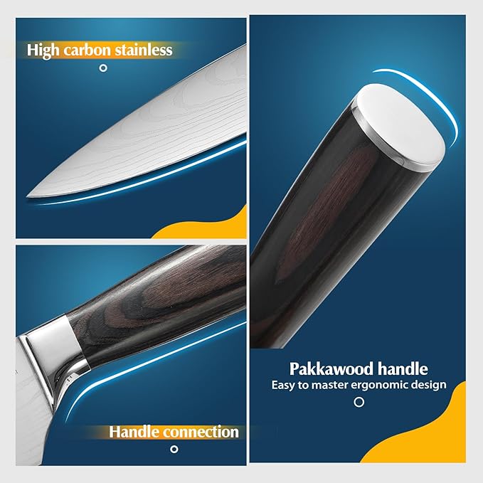 Chef Knife, Chefs Knife for Meat Cleaver Carving Chopping Cutting Made of Damascus Pattern High Carbon Stainless Steel with Pakkawood Handle, Professional 8 Inch Kitchen Knives.