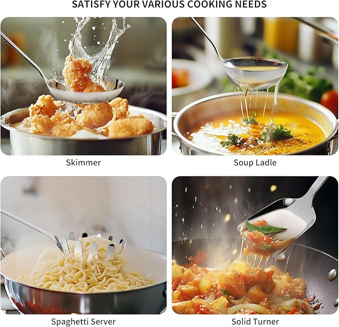 304 Stainless Steel Cooking Utensils Set, 8PCS Kitchen Utensils Set, Include Skimmer, Soup Ladle, Spaghetti Server, Wok Spatula, Slotted Spoon, Solid Spoon, Slotted Spatula Turner & Meat Fork
