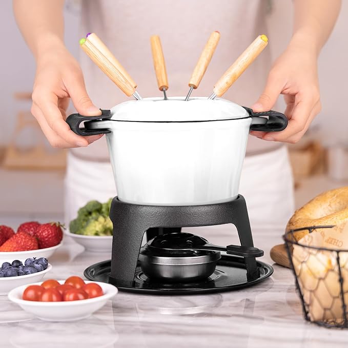 Mabeeze Cast Iron Fondue Pot Set for Cheese, Chocolate or Meat - White Enameled 1.6 Qt Pot - Includes 6 Fondue Forks