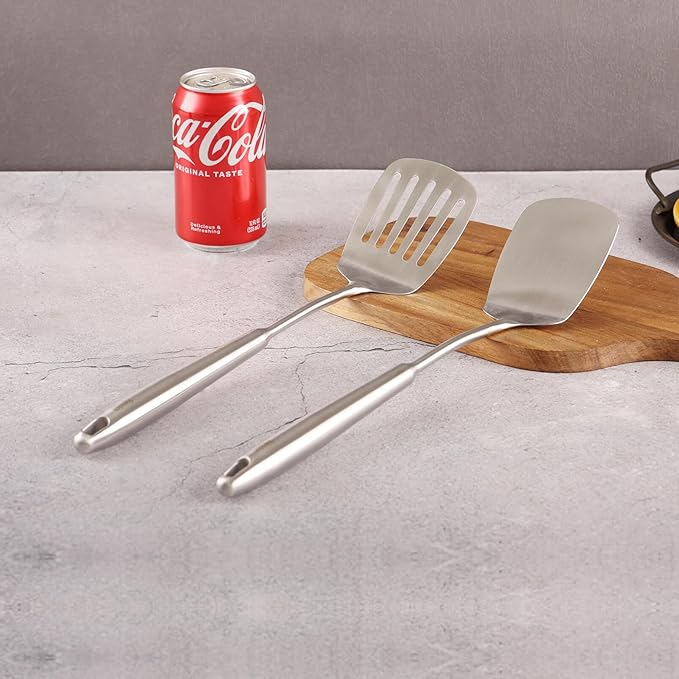 18/10 Stainless Steel Spatulas Set - All Metal Spatulas for Kitchen Use or Outdoor Grilling, 14.7″ Long, Non Toxic, Heavy Duty, Commercial, Chef Grade - 1 Slotted Spatula + 1 Solid Turner for Cooking