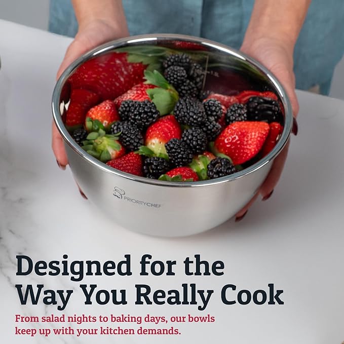 Priority Chef Stainless Steel Mixing Bowls with Lids Set, Metal Nesting Bowls with Airtight Lids, Graters, Non-Slip Base & Measurement Marks, Includes Utensil Set for Prep, Baking & Storage, Red