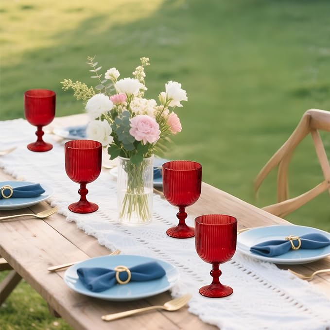 Red Vintage Wine Glasses Set of 6, 11 Ounces Colored Glass Water Goblets, Unique Embossed Pattern High Clear Stemmed Glassware Wedding Party Bar Glass Drinking Cups Fancy Glasses Hand Wash Only