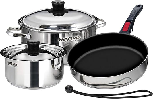 Magma 7 Piece Gourmet Nesting Stainless Steel Cookware Set with Ceramica Non-Stick, Induction Compatible, Oven Safe to 500°F - Suitable for All Stovetops, Removable Handles, Stainless Steel