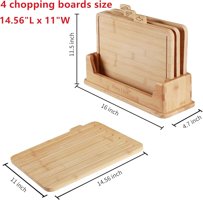 14.56"L x 11"W Bamboo Cutting Board Set of 4 - Wood Cutting Board Set with Holder, Chopping Boards Set with Food Icons, Juice Groove - Ideal for Meat, Fish, Bread, Vegetable, Fruit Chopping