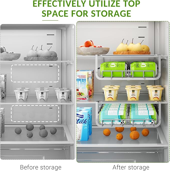 Refrigerator Hanging Soda Can Organizer Stainless Steel Drink Storage Rack Beer Can Dispenser 10 Cans Each Fits All Fridges & Canned Soda