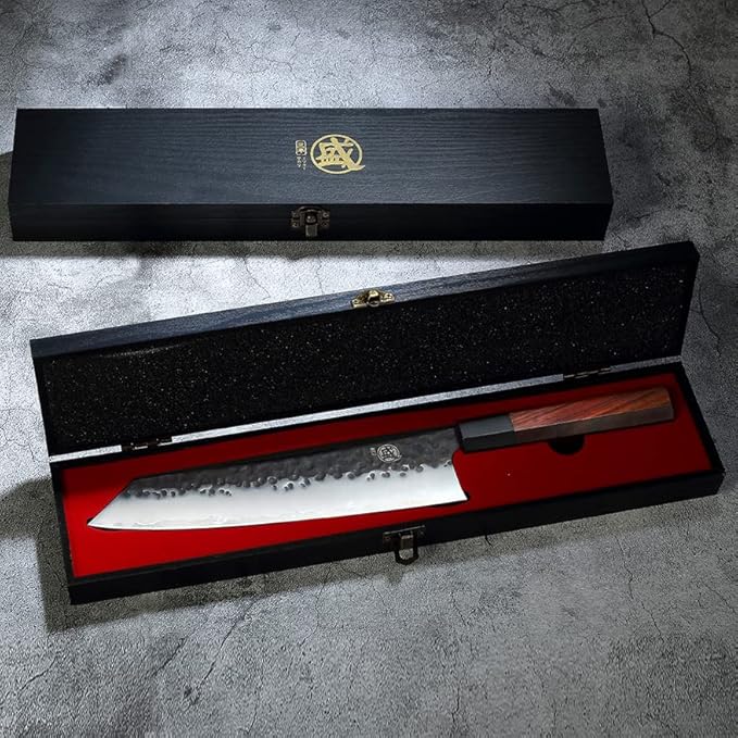MITSUMOTO SAKARI Kiritsuke Chef Knife 9 inch - Hand Forged Japanese Kitchen Knives, 3-Layer 9CR18MOV High Carbon Steel, Rosewood Handle & Sandalwood Box