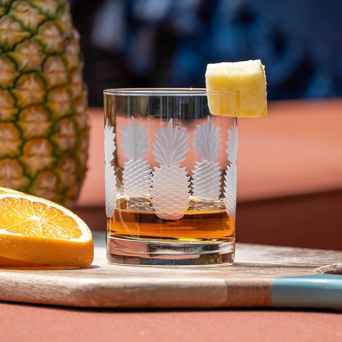 Rolf Glass Fresh Pineapple Double Old Fashioned Glass | 13oz Etched Whiskey Tumblers | Lead-Free and Diamond-Wheel Engraved | Made in the US | Tropical Etched Pineapple Design | Set of 4