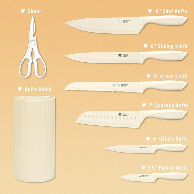 Knife Set, 8-Piece Kitchen Knife Set for Chef, Sharp Knife Set with Universal Knife Block, Anti-Rust Kitchen Knife Block Set, Ergonomical Design (White)