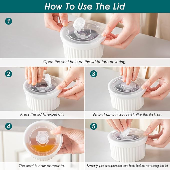 vancasso 10 oz Ramekins with Lid, Porcelain Creme Brulee Souffle Dishes, White Pudding Custard Cups Ramiken for Baking, Dishwasher and Oven Safe, Set of 6