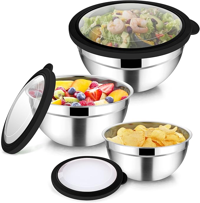 TeamFar Mixing Bowls, 4.5/3/1.5 QT Stainless Steel Nesting Salad Bowls with Airtight Lids, For Serving/Mixing/Storing/Prepping, Non-Toxic & Sturdy, Visible & Easy Clean, Black, Set of 3