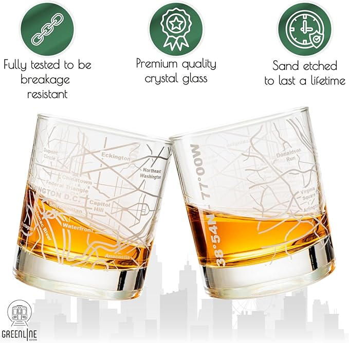 Greenline Goods Whiskey Glasses - 10 Oz Tumbler Gift Set for Washington, DC lovers, Etched with Washington, DC Map | Old Fashioned Rocks Glass - Set of 2