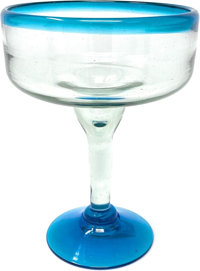 Mexican Hand Blown Glass – Set of 4 Hand Blown Margarita Glasses (16 oz) with Aqua Blue Rims