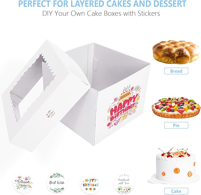 Cake Boxes with Cake Boards 5pcs 10x10x8 Inch White Bakery Box Cajas Pasteles, Tall Cake Boxes Dessert Cake Carrier for Tier Cake, Pastries, Cookies, Pie, Birthday Party Wedding Christmas