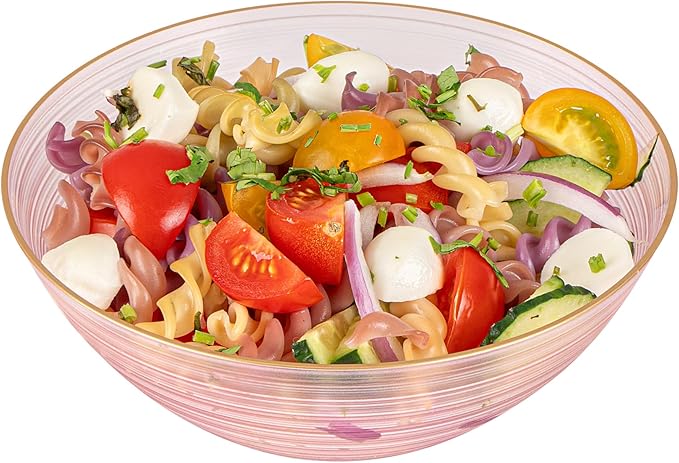 Restaurantware Plastic Bowls 100 Pcs 16 oz Gold Rimmed Disposable Soup Bowls Heavy-Duty Pink Translucent Rippled Dinnerware Containers for Party, Desserts, Salads, Snacks, and Catering