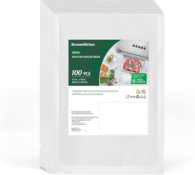 Bonsenkitchen Precut Vacuum Sealer Bags, 100 Gallon 11" x 16" Food Sealer Bags, Food Grade, BPA Free, Heavy Duty, Customized Vacuum Bags for Vac Storage, Meal Prep or Sous Vide Cooking, VB3214
