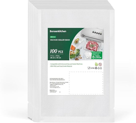 Bonsenkitchen Precut Vacuum Sealer Bags, 100 Gallon 11" x 16" Food Sealer Bags, Food Grade, BPA Free, Heavy Duty, Customized Vacuum Bags for Vac Storage, Meal Prep or Sous Vide Cooking, VB3214