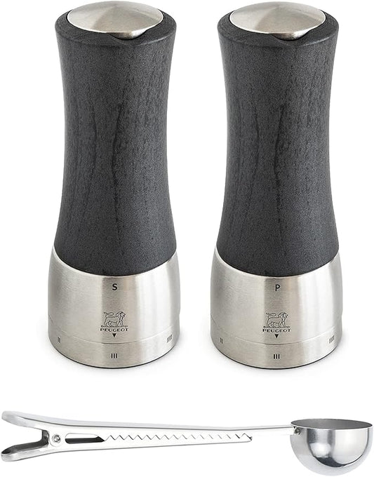 Peugeot - Madras u'Select Manual Salt & Pepper Mill Gift Set - Adjustable Grinder - Stainless Steel & Beechwood, Graphite - With Stainless Steel Spice Scoop & Clip