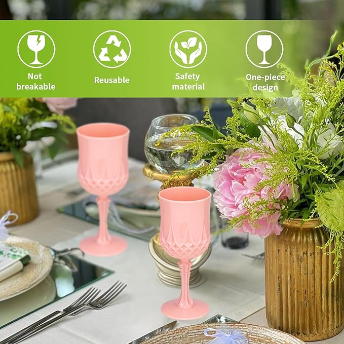 Plastic Vintage Wine Glasses 7OZ Plastic Goblets Vintage Drinking Glasses 24PCS Retro Wedding Glassware Water Goblets Reusable Drinking Cups for Party,Reception,Celebration,Bar,Whiskey(Light Pink)