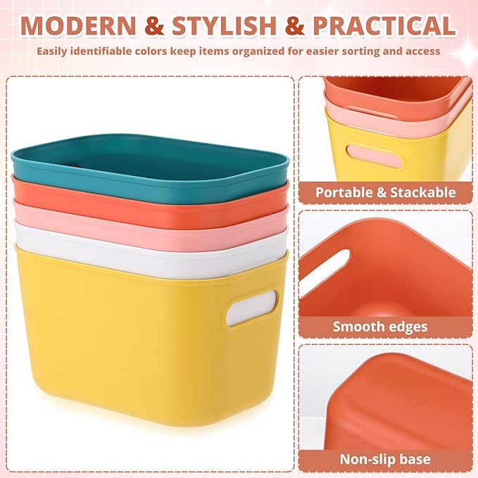 Tioncy 10 Pcs Plastic Storage Bins and Baskets 9.7" x 6.9" x 5.7" Multiple Color Small Containers Organizer for Home Bathroom Kitchen Multi-use Storage Boxes for Classroom, 5 Colors
