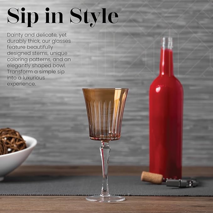 Vikko Colored Wine Glasses, Timeless Collection 10 Ounce Elegant Wine Glass for Fine Dining, Set of 4 Amber Goblets with Stem, Dishwasher Safe