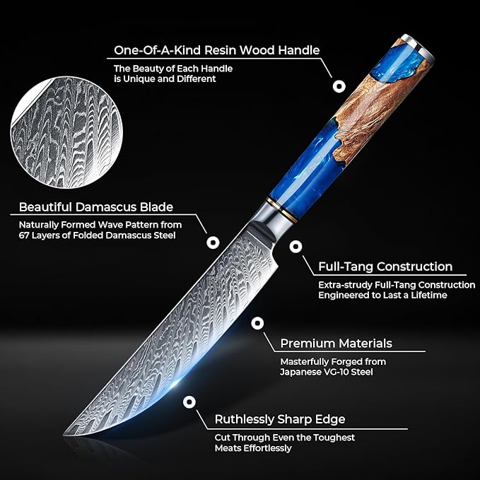 SENKEN Damascus Steak Knife Set - Tsunami Collection - 67-Layer Japanese VG10 Steel - Razor Sharp Non-Serrated Blades, Blue Resin & Natural Wood Pattern Handles, Luxury Gift Box (8 Steak Knife Set)