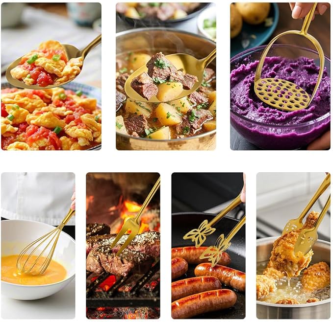 304 Stainless Steel Kitchen Utensils Set, 13PCS Metal Cooking Tools, Masher, Fork, 2Tongs, Solid Spoon, Slotted Spoon, Spatula, Whisk, Skimmer, Slotted Tunner, Soup Ladle, Spaghetti Spoon, Large Ladle