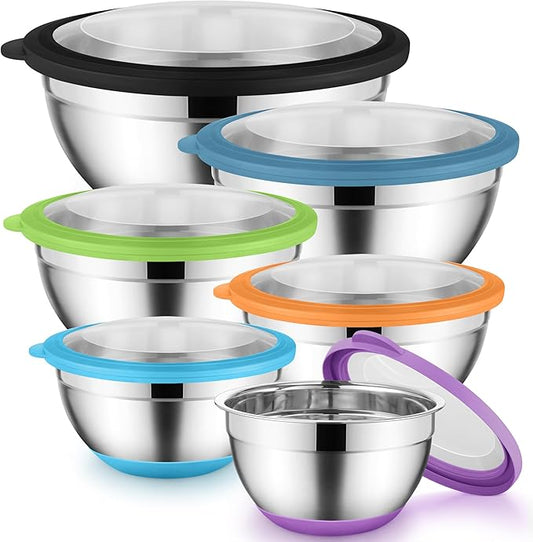 Onader Colorful Mixing Bowl Set of 6 for Kitchen, Large Stainless Steel Metal Nesting Mixing Bowls with Airtight Lids, Non Slip - Size 1, 1.5, 2, 2.6, 3.5, 7QT
