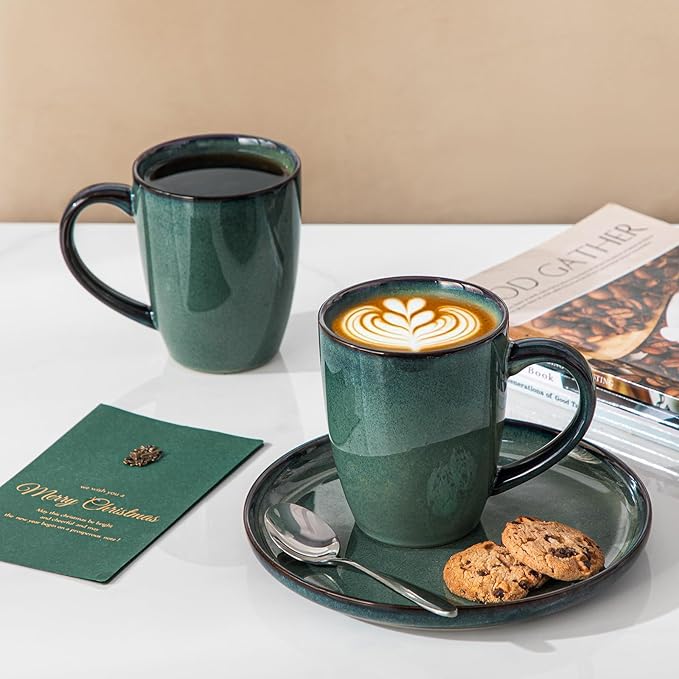 vancasso STARRY Ceramic Coffee Mug Set of 6, 16 Oz Tea Cups with Handle for Latte, Tea, Cappuccino, Milk, Cocoa, Microwave&Dishwasher Safe, Green
