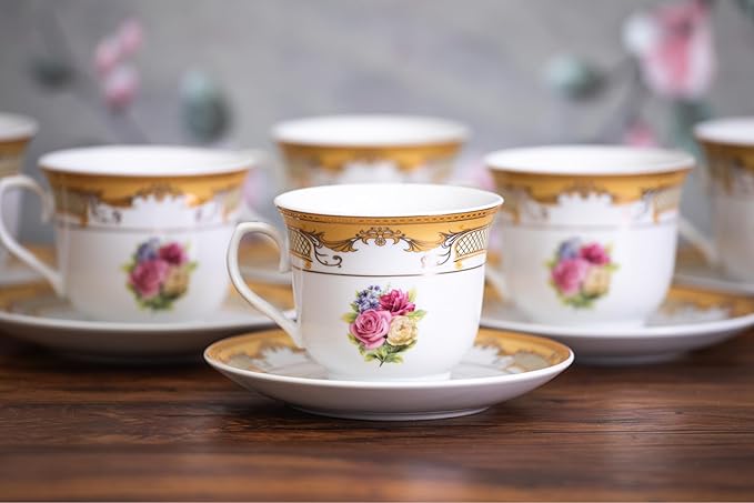 Vintage Rose Tea Set - 12 Piece Elegant White and Floral Design - 5.5 Inch Saucers, 6.5 oz Porcelain Cups - For Black Tea Or Cappuccino (Vintage Rose)