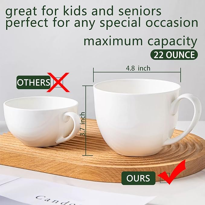 Chulan Large White Bone China Soup Coffee Mugs, 22 oz Lightweight Jumbo Porcelain Mugs Set of 2, Ceramic Extra Big Cups with Handles for Hot Drink Cereal Salads Desserts Coffee Tea Latte Cocoa Juice