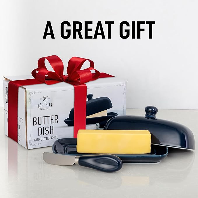 Zulay Butter Dish With Lid For Countertop - Porcelain White, Ceramic Butter Dish with Knob Handle Great for Cooking - Elegant Design Butter Holder - Durable & Sturdy Butter Keeper - Navy