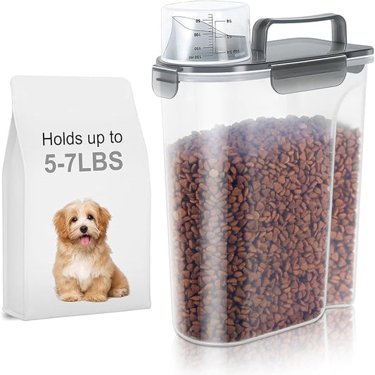 5-7Lbs Cat Dog Pet Food Storage Container with Large Nozzle Design/4 Safety Buckles/Double-Layer Sealing Strips/Handle/Measuring Cup is Easy to Clean and Does BPA-free (Clear Black)
