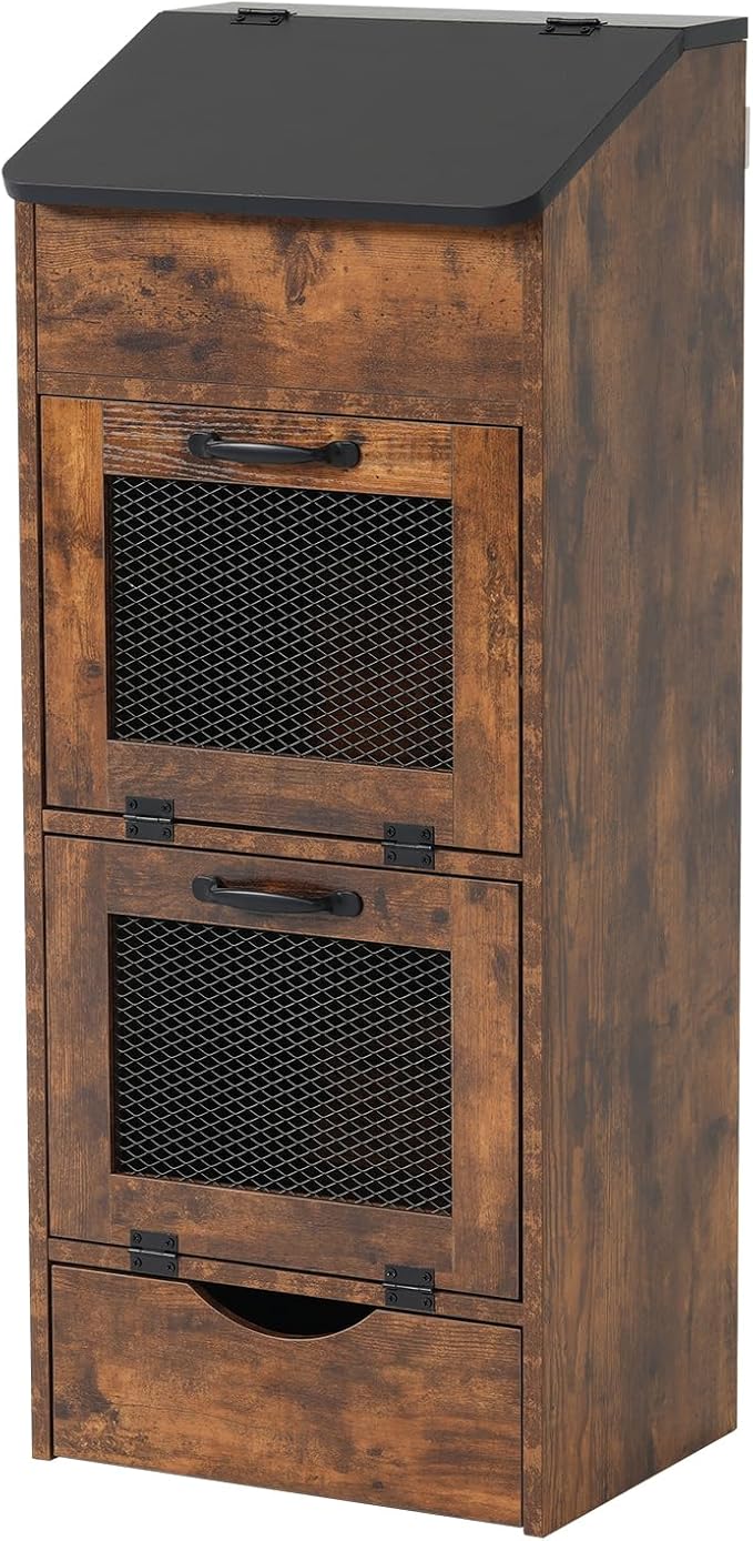 Verano Garden Potato Storage Bin, Wood Bread Box with Lid, Farmhouse Potato and Onion Storage Bin with Mesh Doors, Fruit and Vegetable Storage Rack with Removable Drawer (Rustic Brown, 16.0")