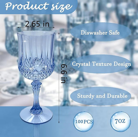 Plastic Wine Glasses，Plastic Goblets Vintage Style Cordial Drinking Glasses for Wedding Reception, Grand Event Party Supplies (100, Blue)