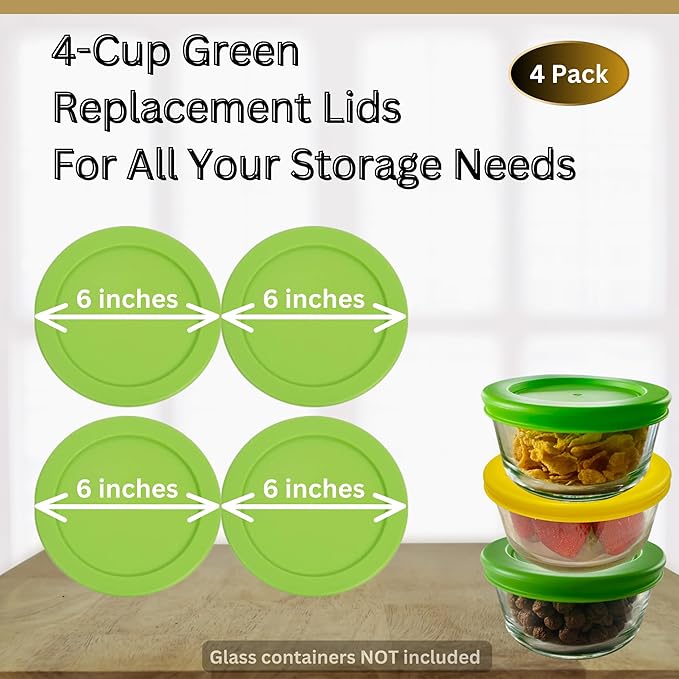 4 Cup/950 mL Spring Green Replacement Lids/Covers for Pyrex 7201-PC, 4 Cup/32oz Anchor Hocking & Klare Ware Storage Bowls *Lids Only* - *Glass Container Not Included* (4 Pack, Spring Green)