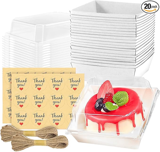 20 Pack Charcuterie Boxes with Clear Lids, 7 Inches White Large Square To Go Paper Bakery Dessert Treat Boxes, Disposable Food Containers for Sandwich Cookie Brownie Slice Cake Strawberry Snack