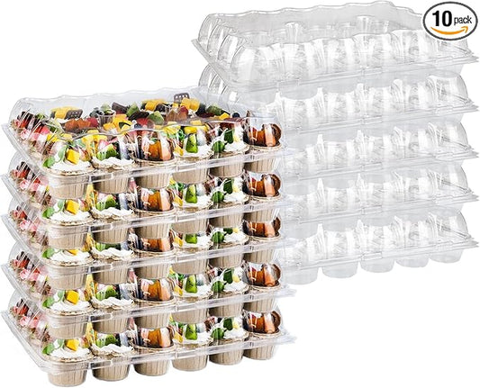 TWOWYHI 24 Counts x 10 Sets Cupcake Containers Cupcake Boxes Plastic Cupcakes Carrier Holders for Clear Plastic Disposable Cupcakes Container with Detachable Tall Lid