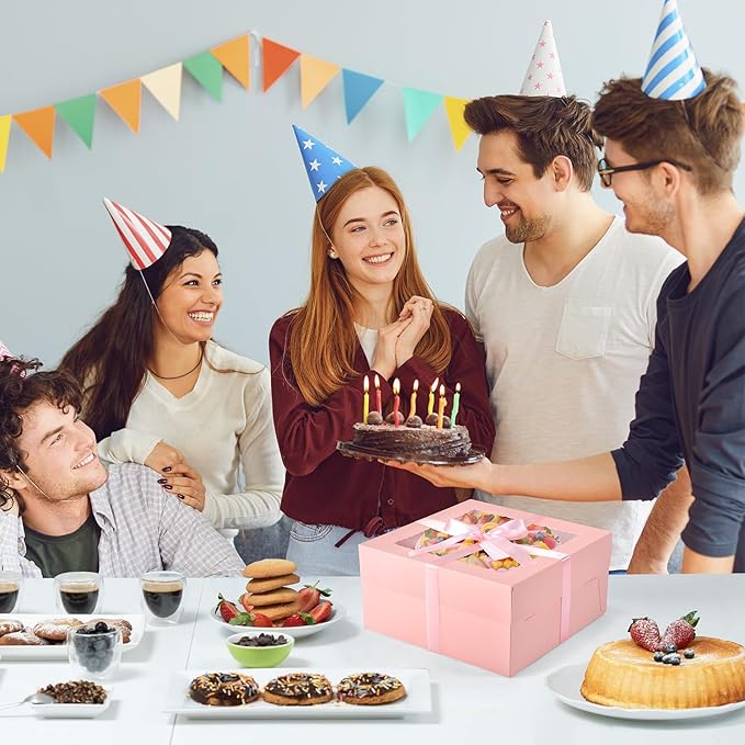 30Pcs Cake Boxes, 12x12x6 Inch Bakery Boxes with Window, 15Pcs Large Pink Dessert Boxes(15Pcs Cake Boards), Cake Carrier Container Disposable Pie Boxes Package for Pastries Cookies Cupcakes