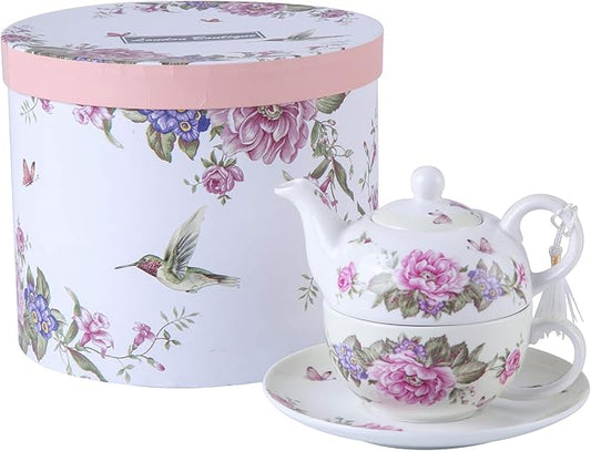 London Boutique Tea for One Teapot Cup Saucer Set Vintage Bird Rose Butterfly Flora New Bone China Gift Box (Beige/Cream)