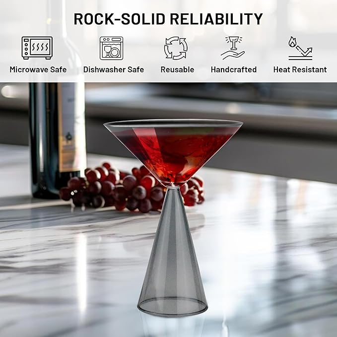 Gusto Buono 8.4oz Martini Glasses – Set of 4 Drinkware with Grey Stem Geometric Design | Heat-Resistant, Dishwasher & Microwave Safe | Perfect for Martinis, Cocktails, Home, Parties, & Gifts
