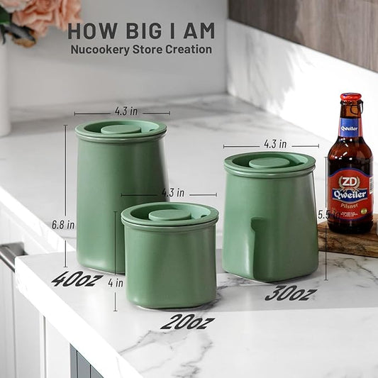 Nucookery Canisters Sets for the Kitchen Countertop, 3 Pcs Ceramic Jar with Silicone Lid, 40oz, 30oz, 20oz Food Storage Containers for Flour, Sugar, Coffee, Grains,Tea, Cookies, Dry Food Organization