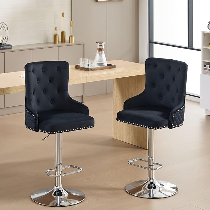 Velvet Barstools Set of 2, Modern Counter Height Adjustable Swivel Stools Chairs with High Tufted Backrest Chrome Base Lion Head Pull Ring Diamond Pattern Rivet Trim for Kitchen (Black)